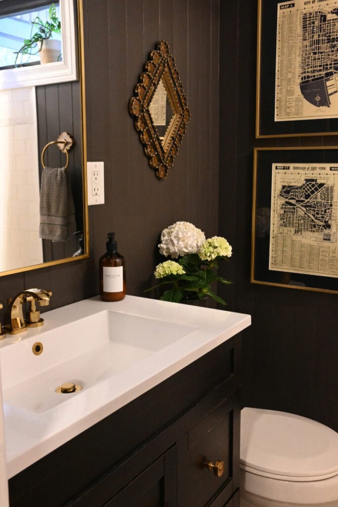 Small bathroom with dark walls, brass fixtures and a white hydrangea.